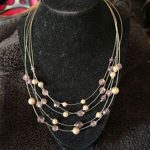 Silver Tone Floating Bead Necklace Purple Illusion Chain Jewelry